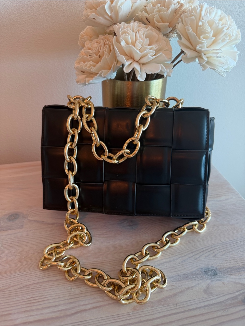 Black Woven Leather Shoulder Bag with Gold Chain
